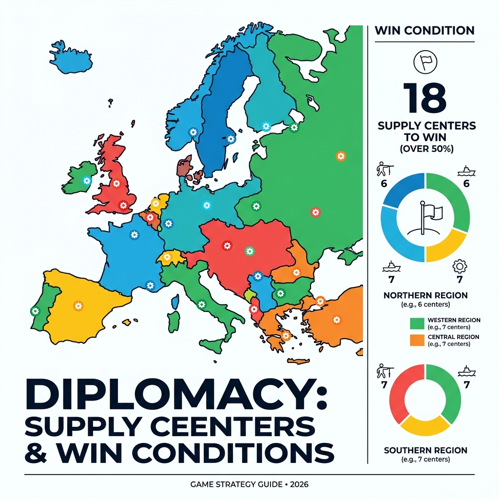 Infographic showing 34 supply centers on the Diplomacy map and the 18-center win condition breakdown by region - diplomacy Infographic showing 34 supply centers on the Diplomacy map and the 18-center win condition breakdown by region - diplomacy