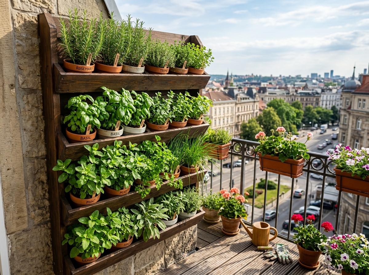 lush balcony herb setup with vertical tiers - small wall herb garden