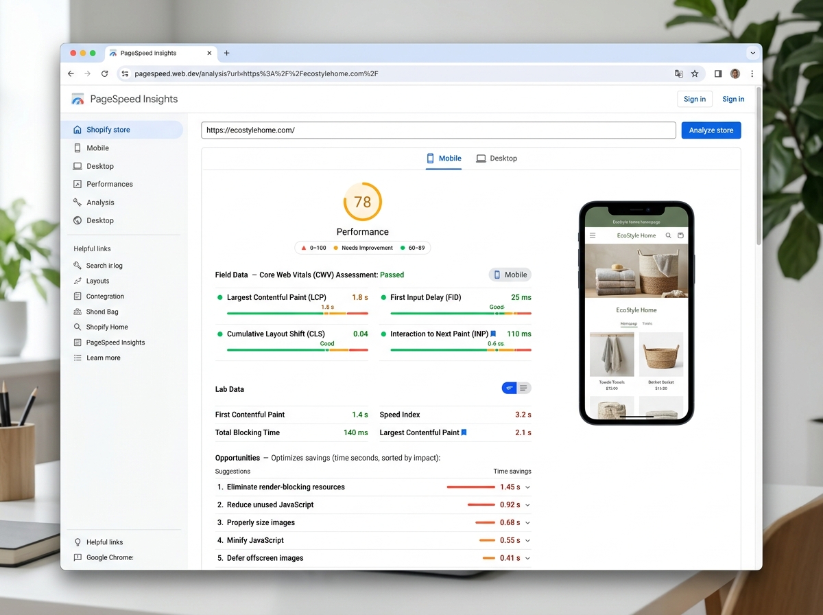 PageSpeed Insights dashboard - Shopify store optimization
