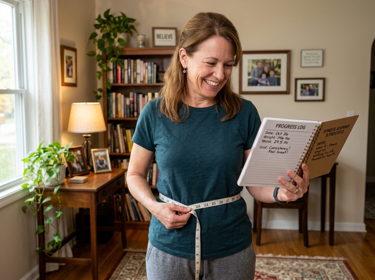 A person tracking their progress using a measuring tape and a journal - beginner fat loss workout at home A person tracking their progress using a measuring tape and a journal - beginner fat loss workout at home