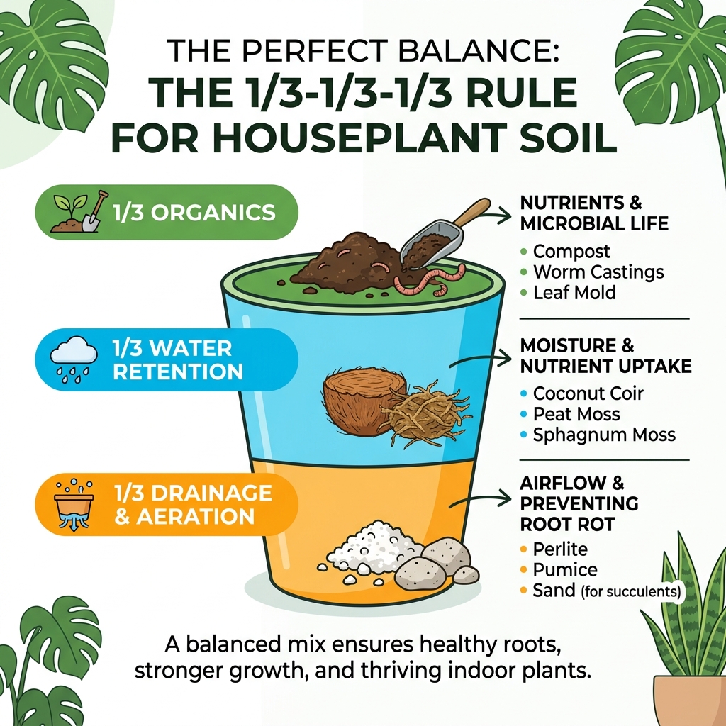 Infographic showing the 1/3-1/3-1/3 rule: one third organics, one third drainage, one third water retention for houseplant