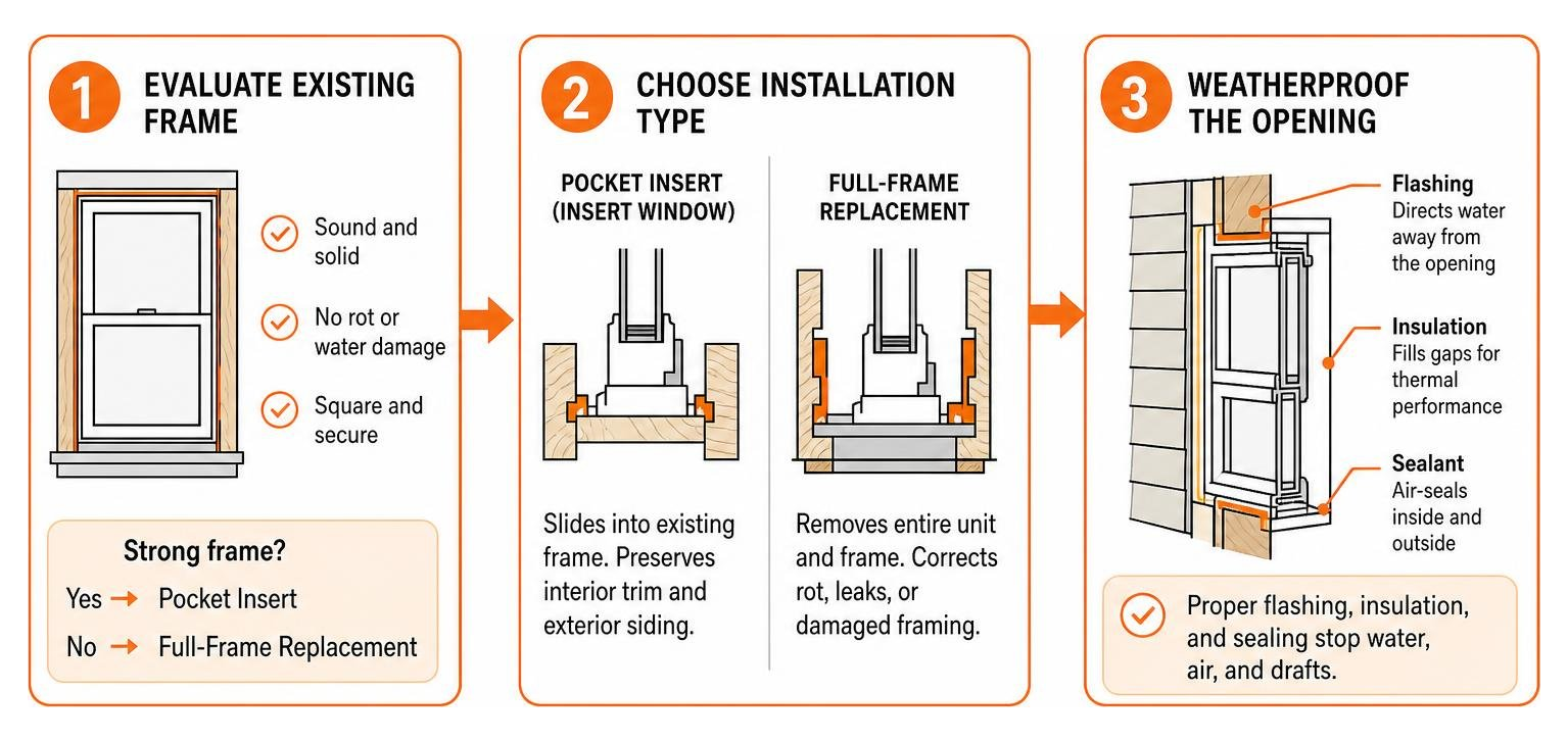 Installation process: evaluating existing frame, choosing pocket vs full frame, weatherproofing