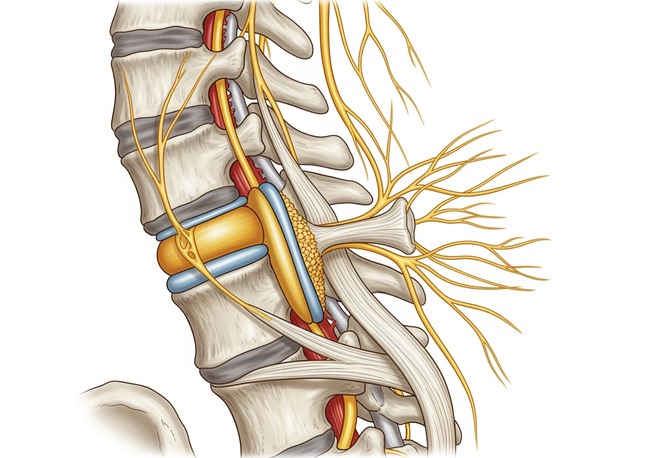 illustration of a herniated disc pressing on a nerve root - tingling and numbness in legs