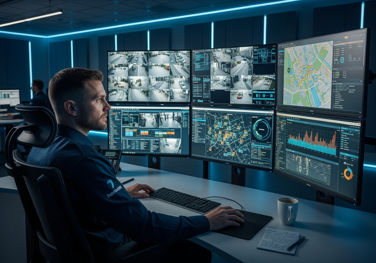 A security professional monitoring high-tech surveillance equipment - what is cocsa