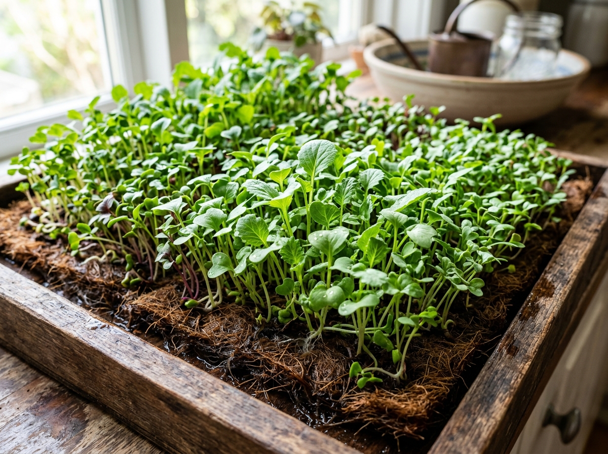 microgreens growing on a coconut coir mat - best microgreens to grow