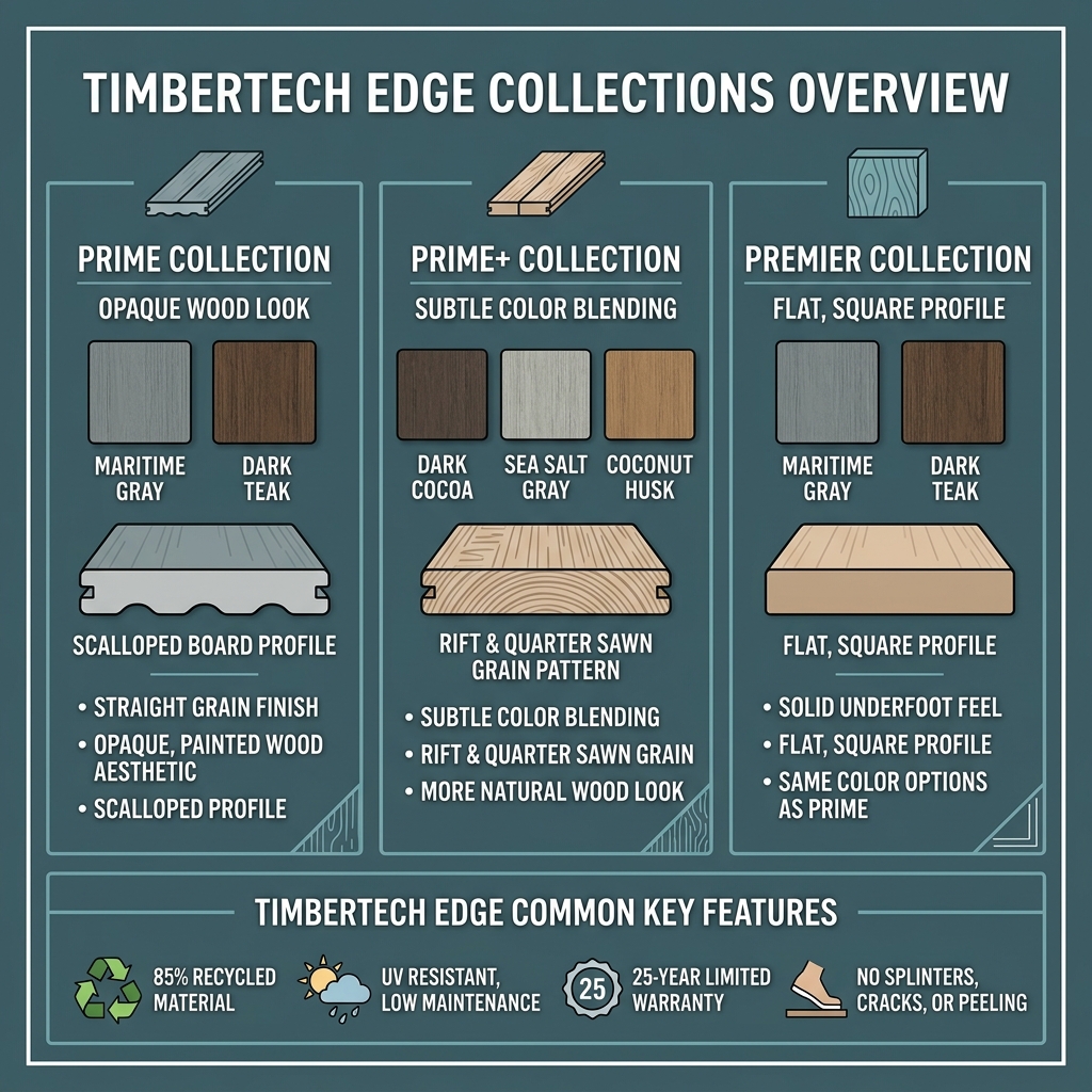 TimberTech EDGE collections infographic showing Prime, Prime+, and Premier colors with profiles and key features