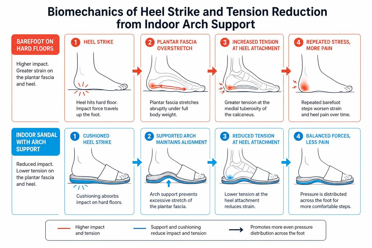 Biomechanics of heel strike and tension reduction from indoor arch support