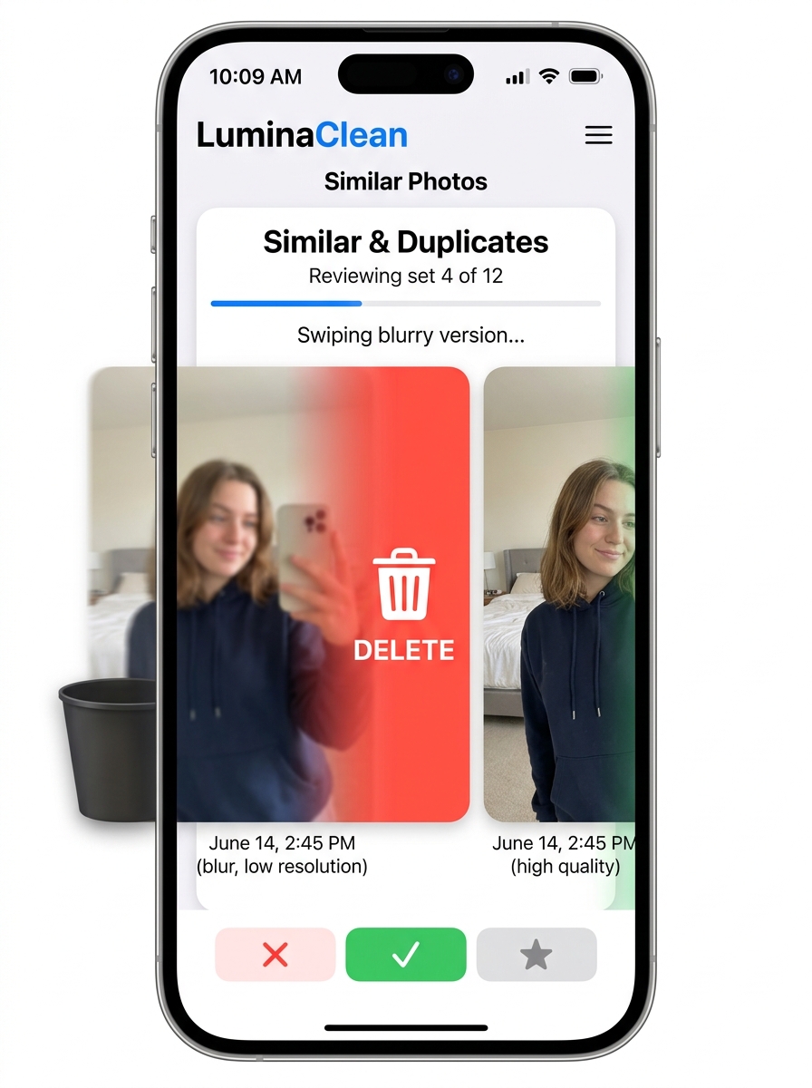 LuminaClean swipe-to-delete interface showing duplicate photo detection - iPhone photo management app
