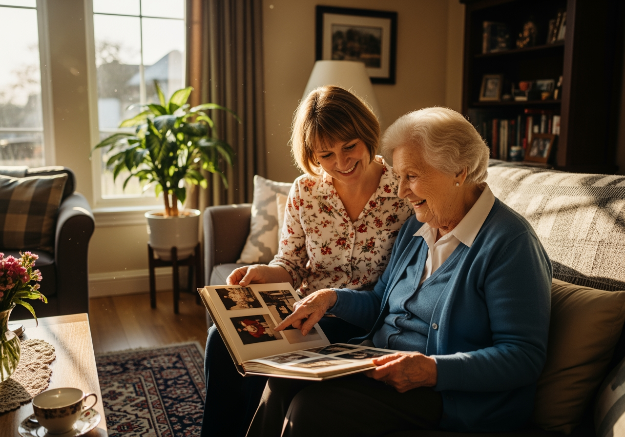 caregiver and senior looking at a photo album together on a couch - Senior isolation solutions