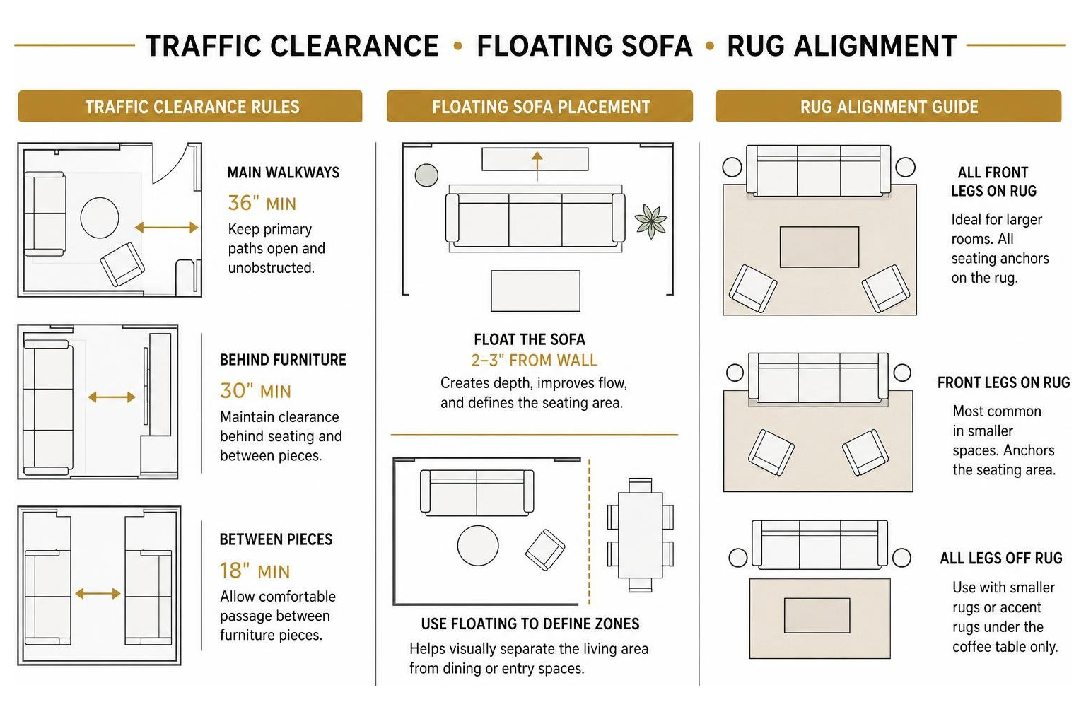 Diagram illustrating traffic clearance rules floating sofa placement and rug alignment Diagram illustrating traffic clearance rules floating sofa placement and rug alignment