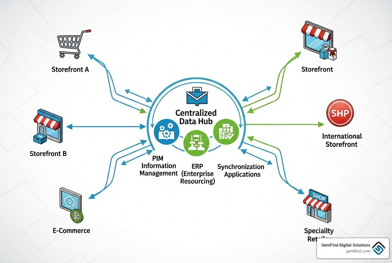 Diagram showing how PIM, ERP, and sync apps connect to multiple Shopify Plus stores - Shopify Plus multi-store