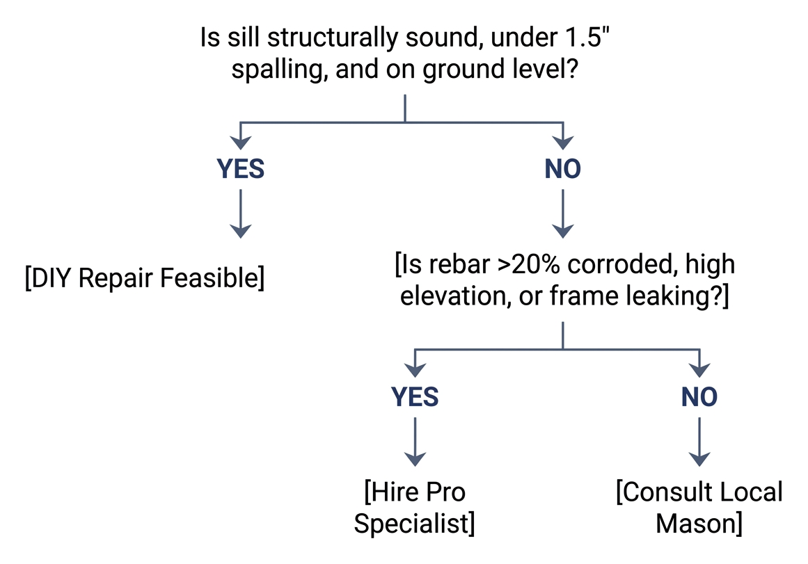 Decision tree for DIY concrete sill repair versus hiring a professional