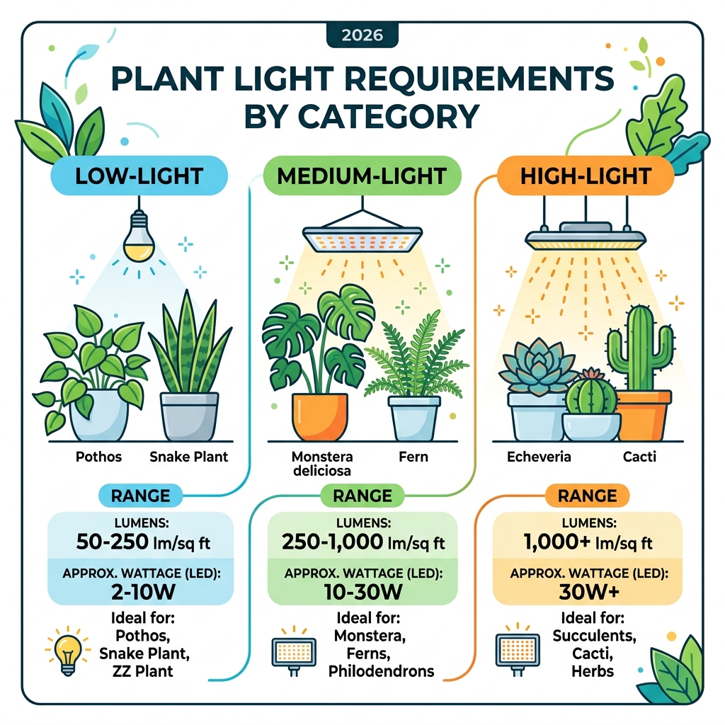 Infographic showing light requirements for low, medium, and high-light indoor plants with lumen and wattage ranges - best
