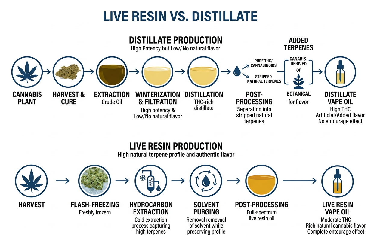 Diagram showing the production process comparison between live resin and distillate