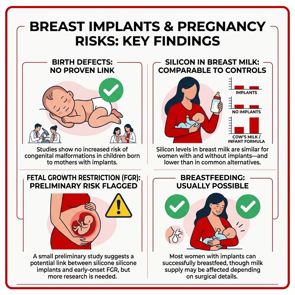 Infographic showing breast implants and pregnancy risks: birth defects no proven link, silicon in milk comparable to Infographic showing breast implants and pregnancy risks: birth defects no proven link, silicon in milk comparable to