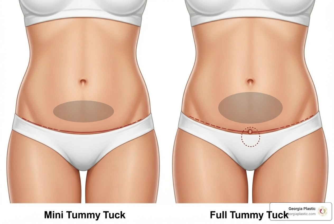 Image illustrating the difference between a mini and full tummy tuck - tummy tuck and breast lift cost near me