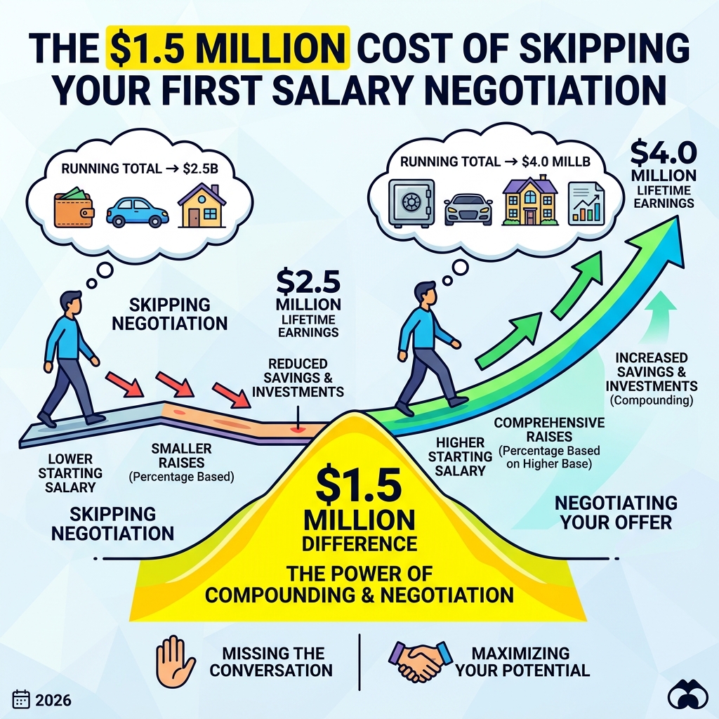 infographic showing the $1.5 million lifetime cost of skipping your first salary negotiation - first job salary negotiation