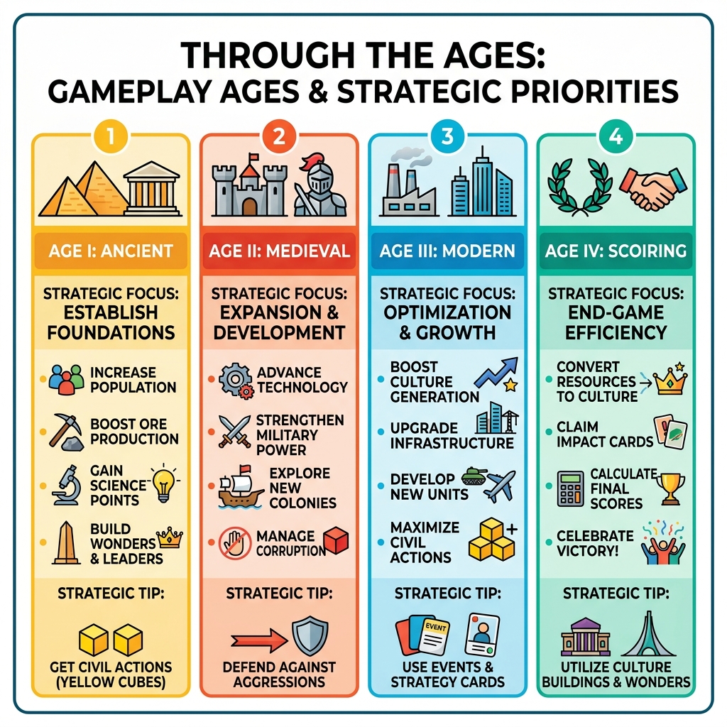Infographic showing the four ages of Through the Ages gameplay and key strategic priorities per age - through the ages board