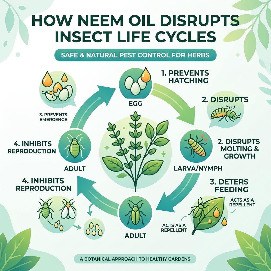 Infographic showing how neem oil disrupts insect life cycles on herb plants - neem oil for herbs infographic 