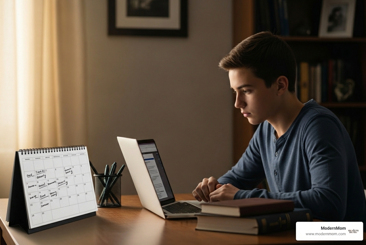 student working on laptop with calendar - Senior year checklist student working on laptop with calendar - Senior year checklist
