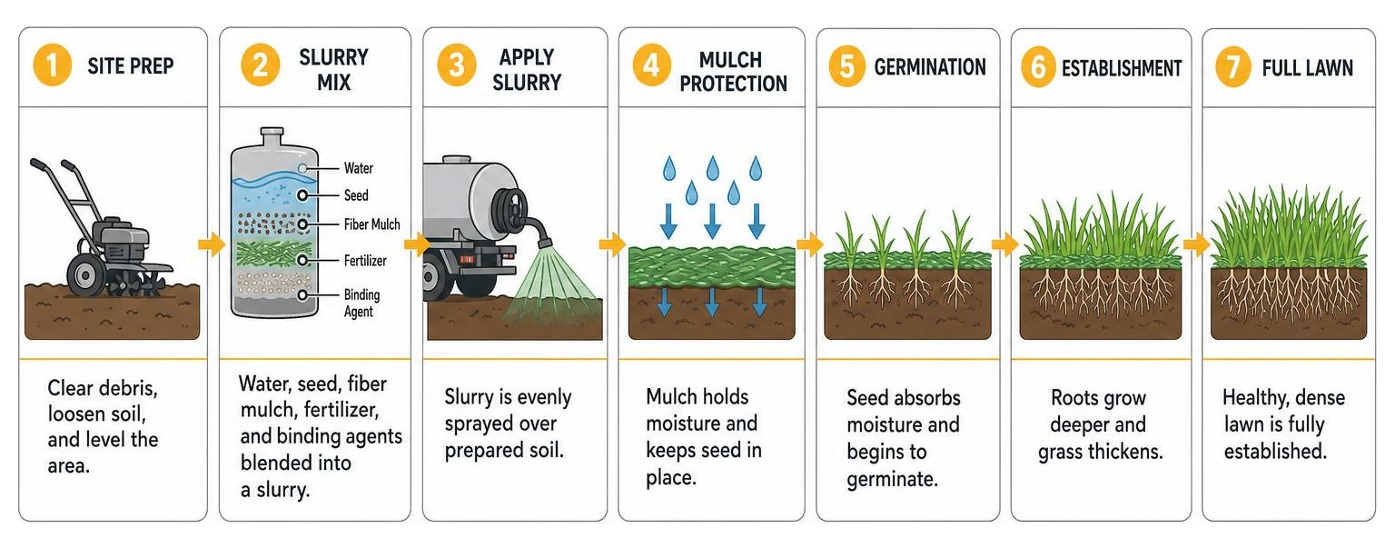 Hydroseeding application process flow from site prep to full lawn Hydroseeding application process flow from site prep to full lawn