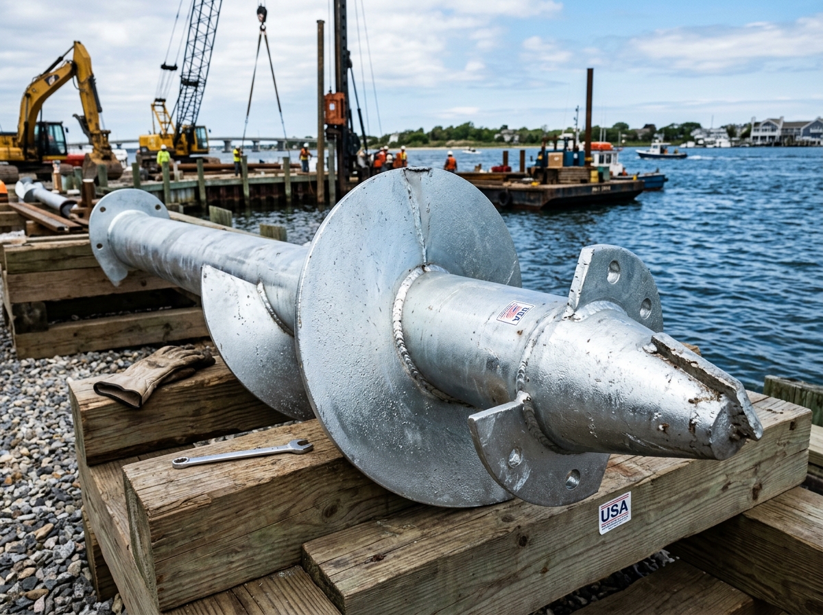 A galvanized steel helical lead section ready for marine installation - helical pile foundation marine A galvanized steel helical lead section ready for marine installation - helical pile foundation marine