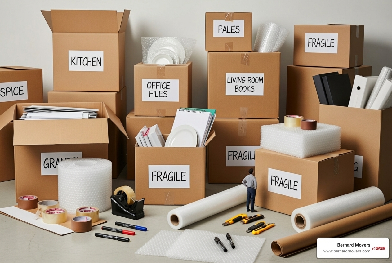neatly labeled moving boxes and packing supplies - corporate office moving checklist neatly labeled moving boxes and packing supplies - corporate office moving checklist