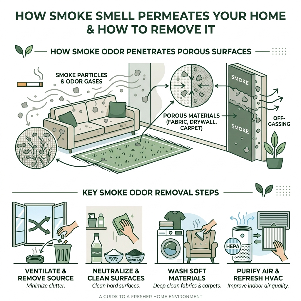 Infographic showing how smoke odor permeates porous surfaces in a home, with key removal steps - how to get rid of smoke