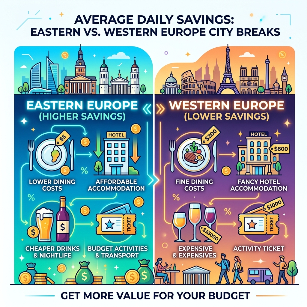Average daily savings in Eastern vs Western Europe city breaks infographic - budget city breaks europe infographic 