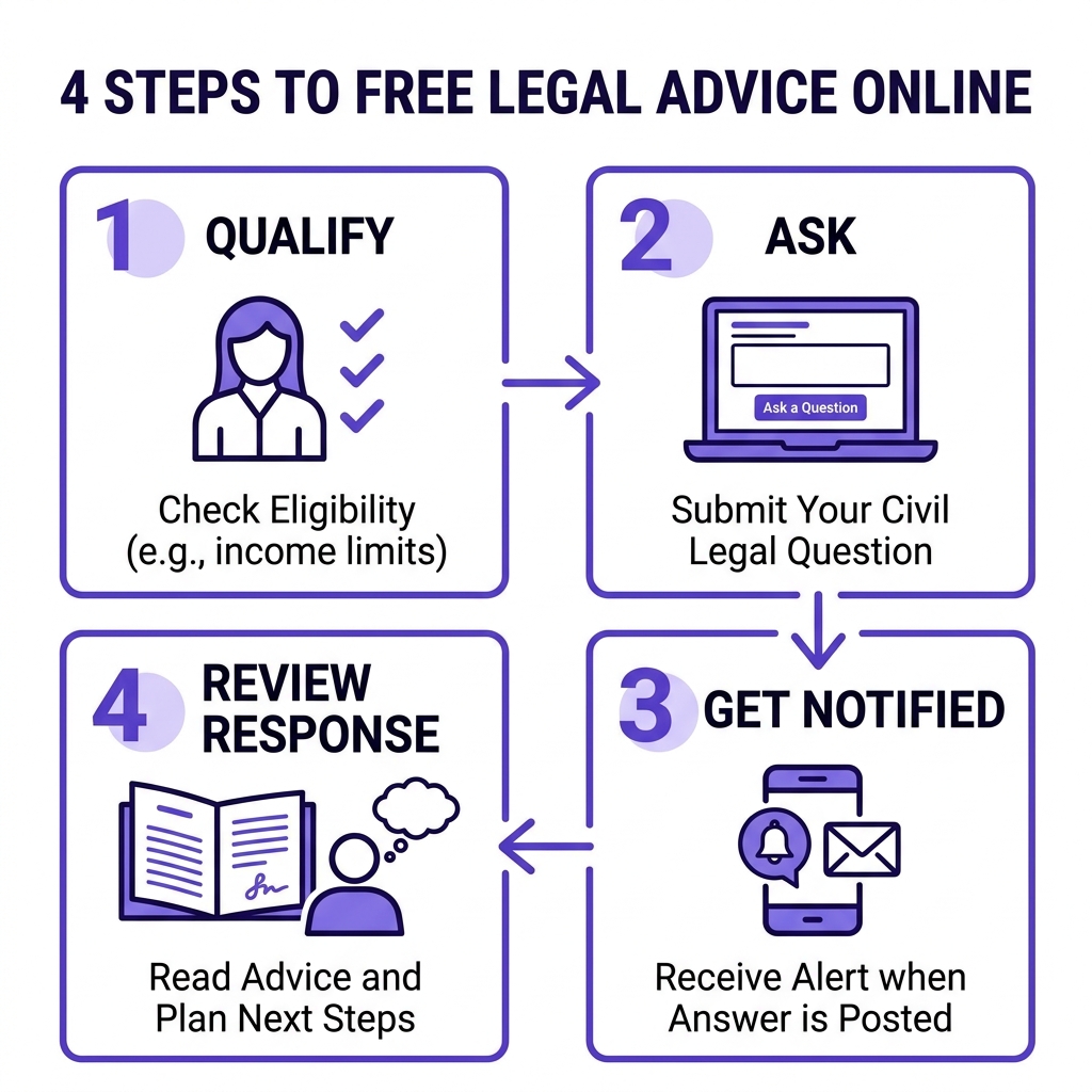 4-step process to access free legal advice online: qualify, ask, get notified, review response - legal advice online