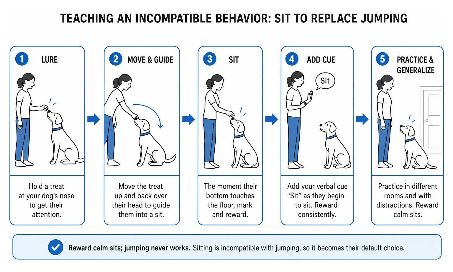 Step-by-step sequence of teaching an incompatible behavior like sit to replace jumping