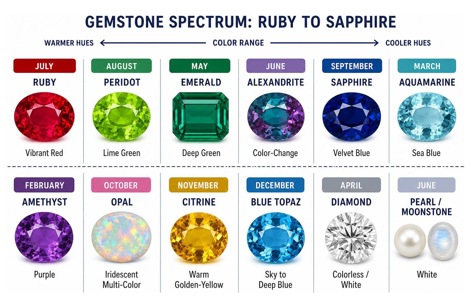 Detailed gemstone spectrum showing color ranges from ruby to sapphire Detailed gemstone spectrum showing color ranges from ruby to sapphire