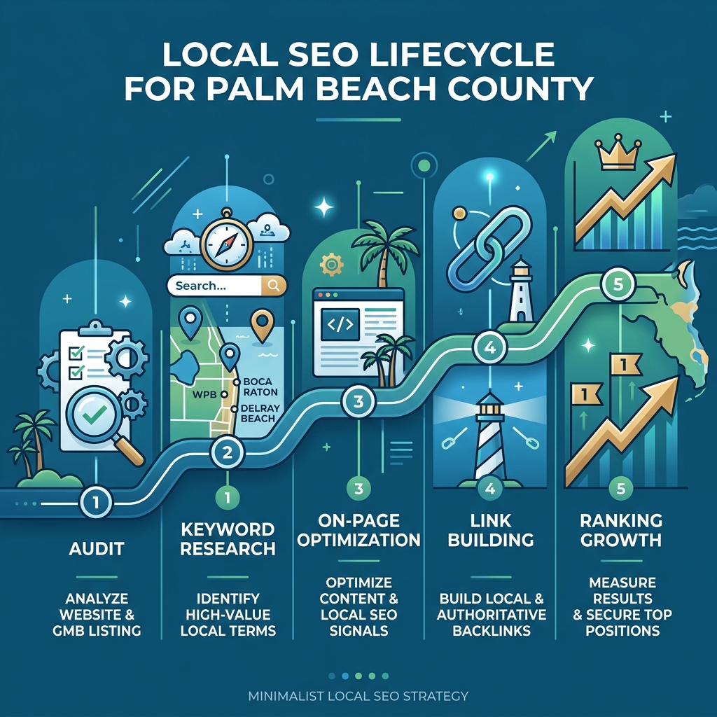Local SEO lifecycle infographic for Palm Beach County, illustrating key steps: audit, keyword research, on-page optimization, link building, and ranking growth, with visual elements like maps, charts, and icons representing local strategies.