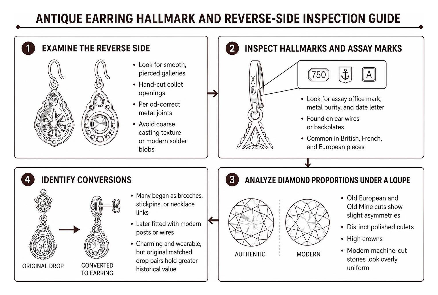 Antique earring hallmark and reverse-side inspection guide