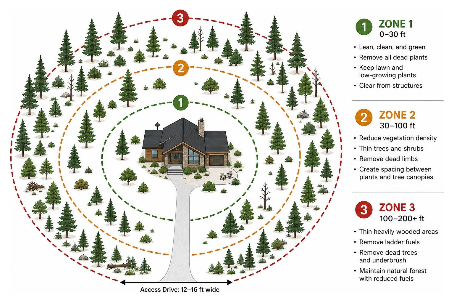 Defensible space zones around mountain home showing fuel reduction areas Defensible space zones around mountain home showing fuel reduction areas