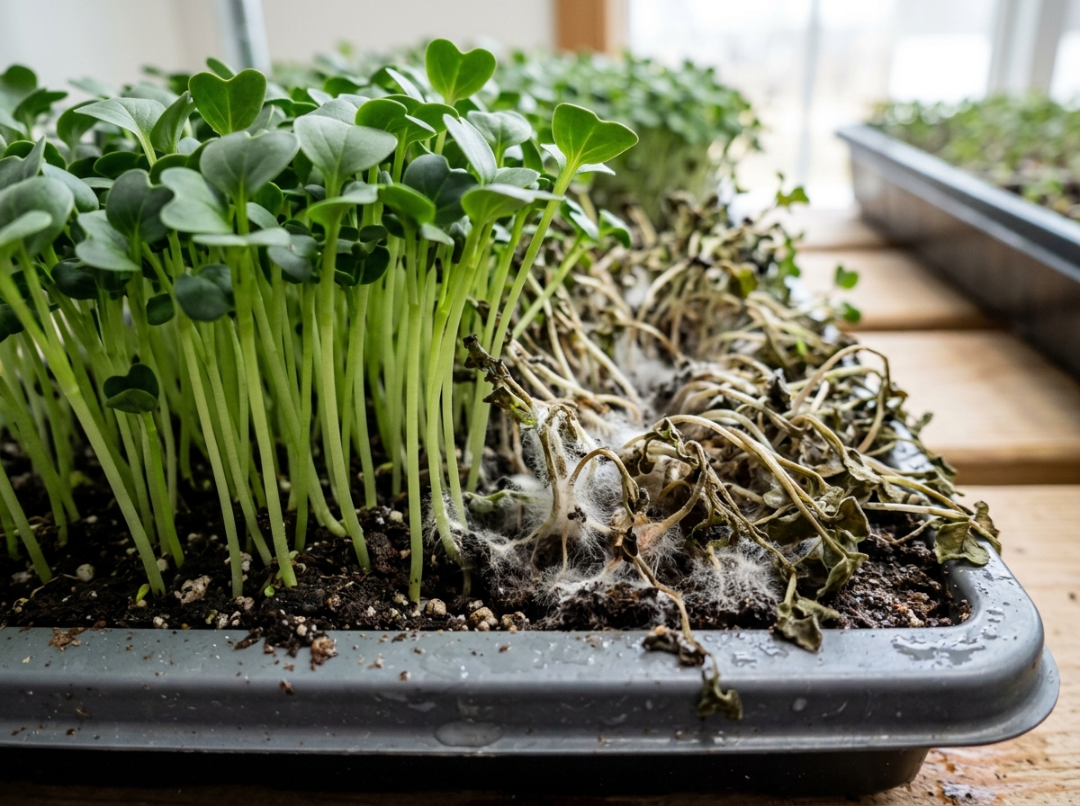Healthy microgreen stems vs moldy microgreen stems comparison - microgreens growing humidity levels
