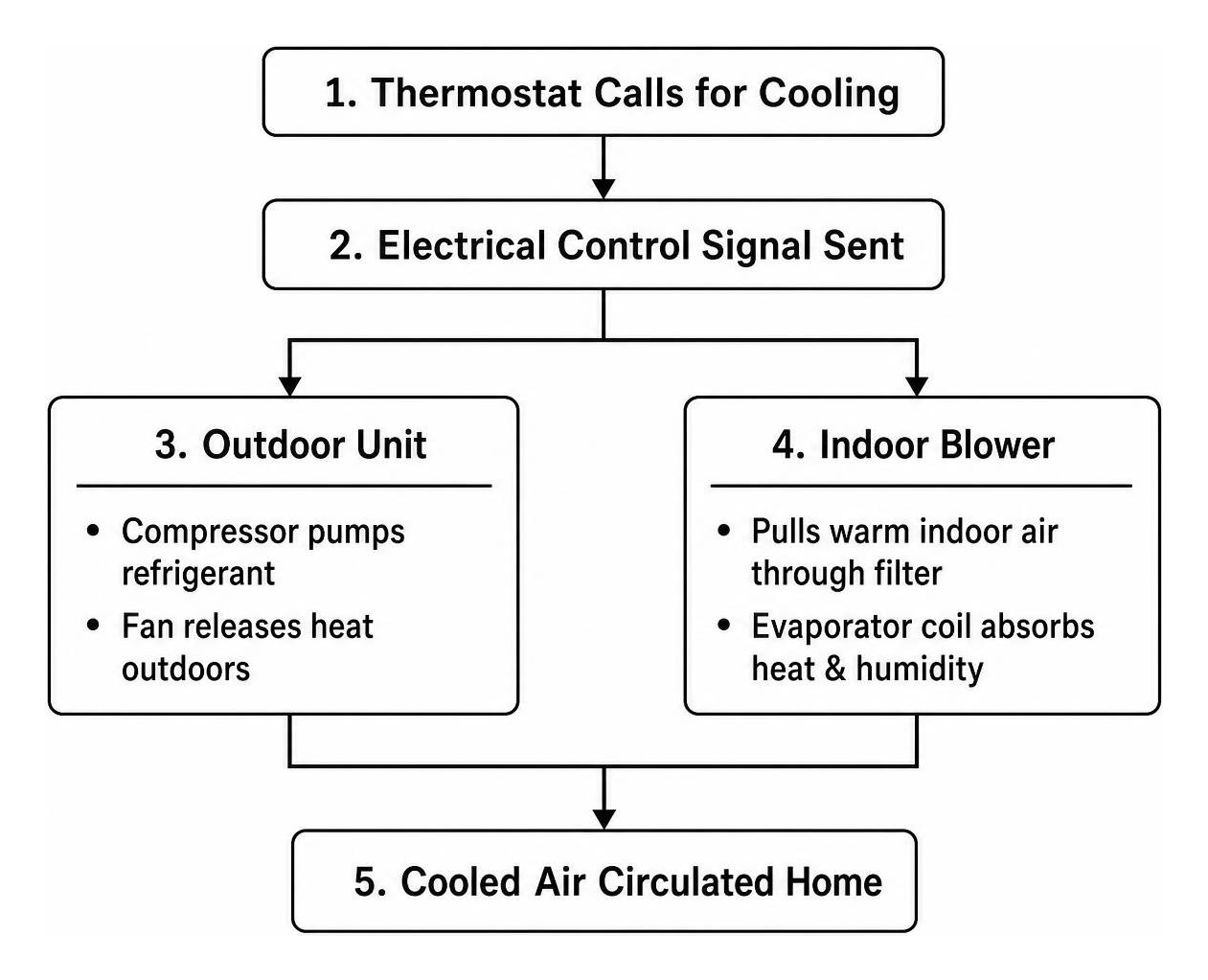 Air conditioning cycle cause and effect diagram showing cooling operation flow