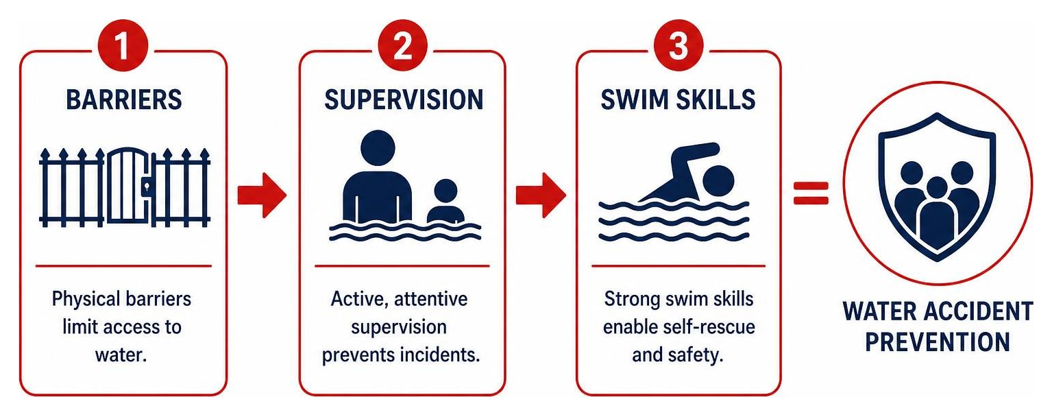 Water accident prevention process diagram showing barriers, supervision, and swim skills Water accident prevention process diagram showing barriers, supervision, and swim skills