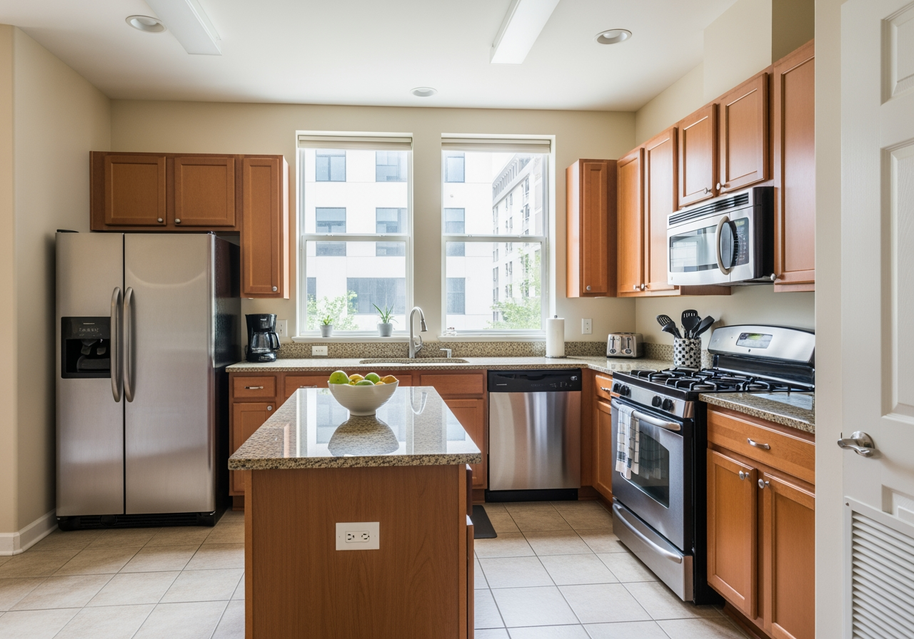 Modern, fully equipped kitchen with stainless steel appliances in a corporate rental - property management and corporate