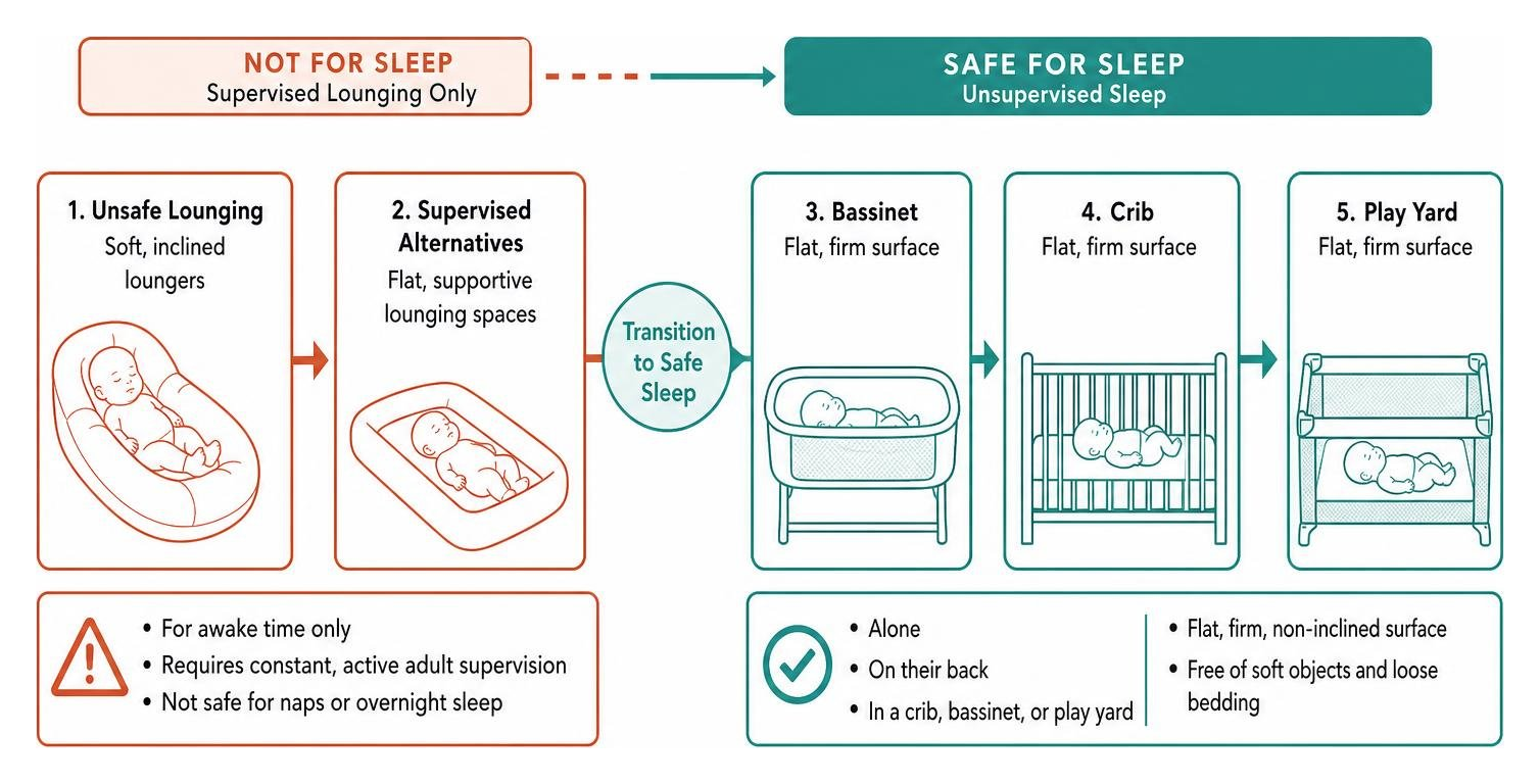 Safe sleep transition diagram showing the path from unsafe lounging to safe flat sleep spaces