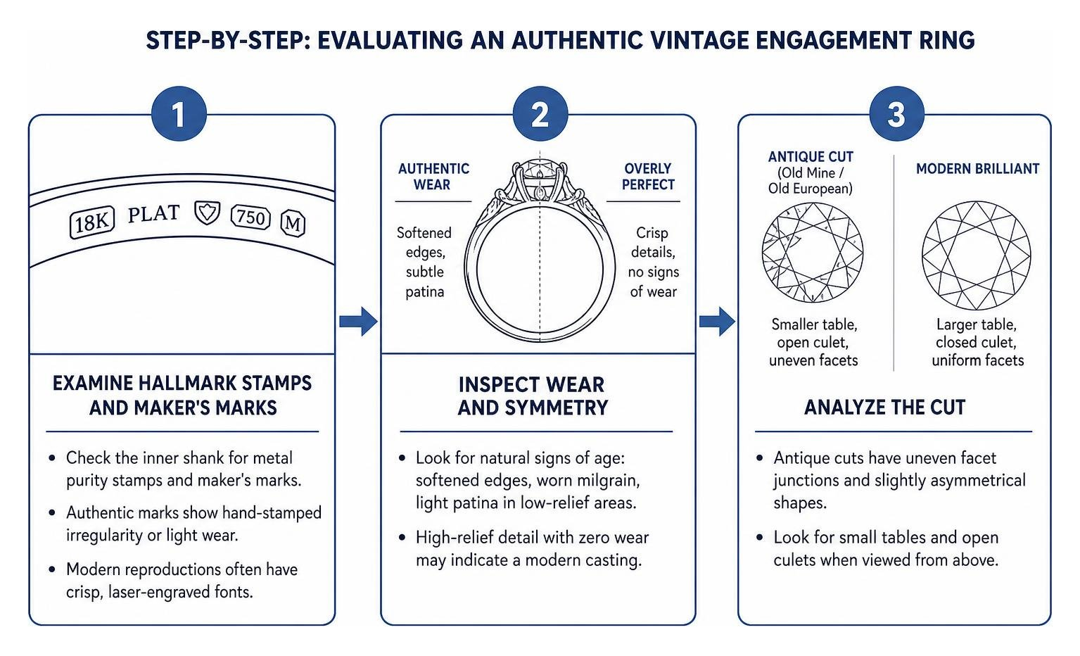 Step-by-step process for evaluating an authentic vintage engagement ring