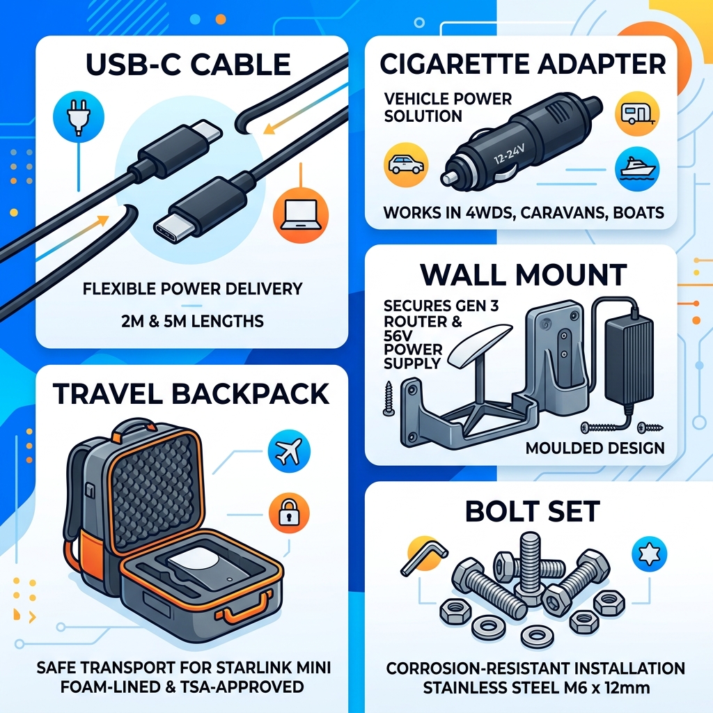 Infographic showing components of a mobile Starlink setup: USB-C cable, cigarette adapter, wall mount, backpack, bolt set