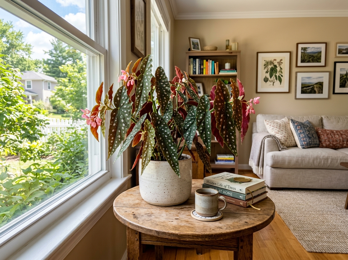 Begonia maculata in a bright living room sitting on a wooden side table - begonia maculata care indoor Begonia maculata in a bright living room sitting on a wooden side table - begonia maculata care indoor