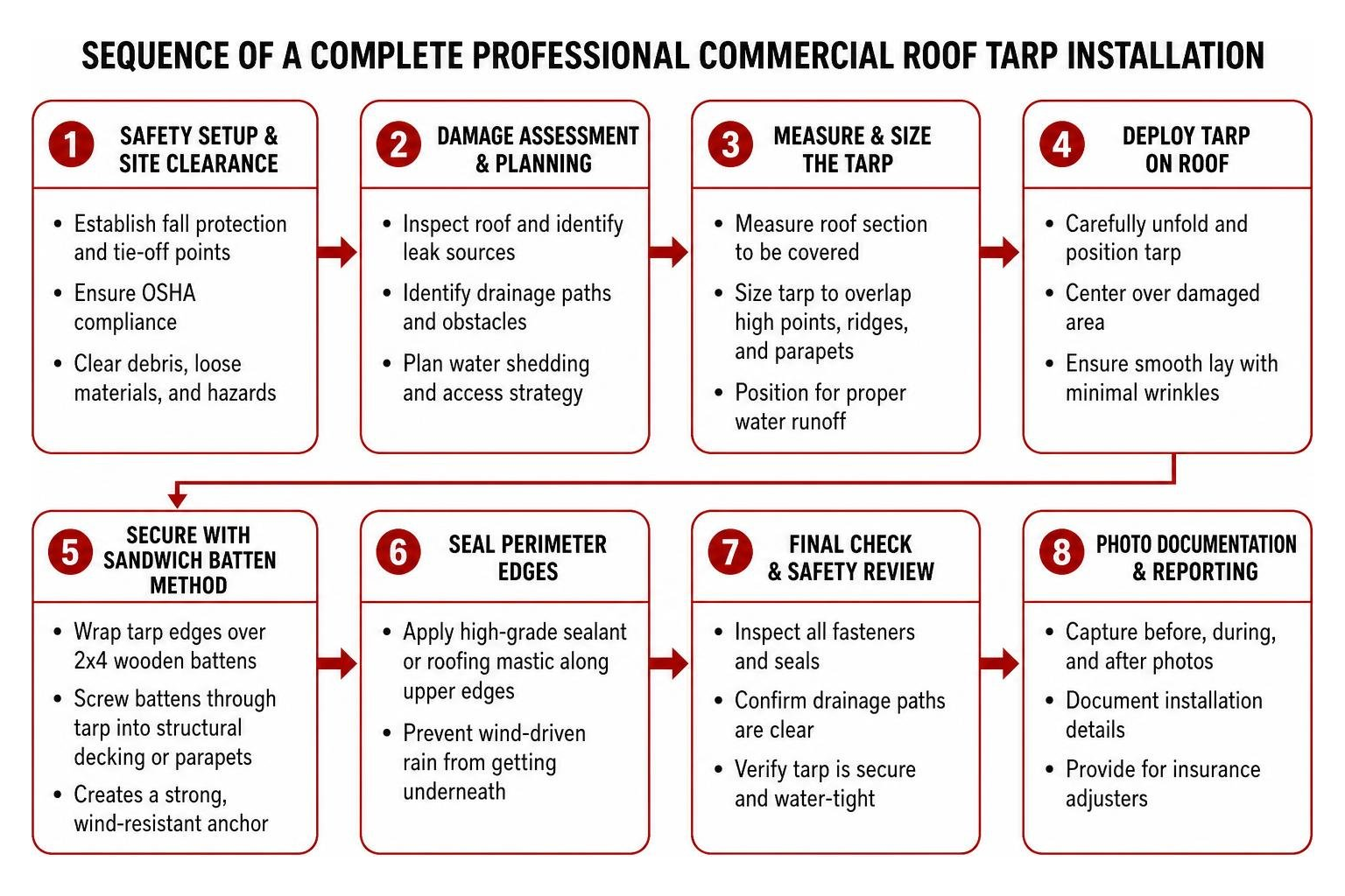 Sequence of a complete professional commercial roof tarp installation Sequence of a complete professional commercial roof tarp installation