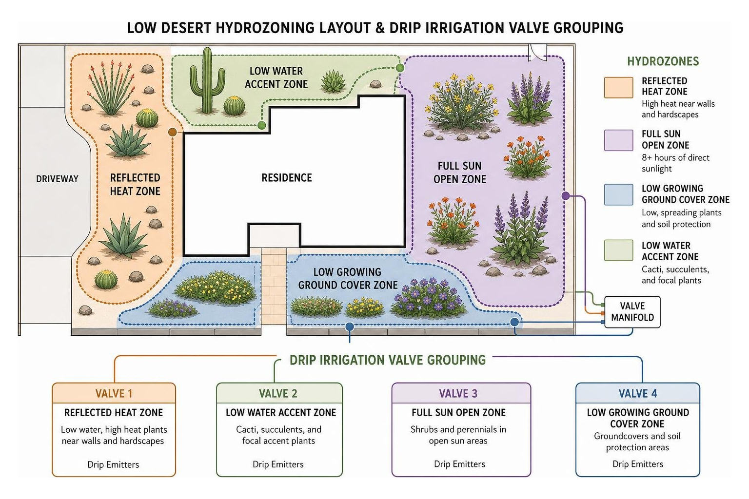 Diagram showing low desert hydrozoning layout and drip irrigation valve grouping Diagram showing low desert hydrozoning layout and drip irrigation valve grouping