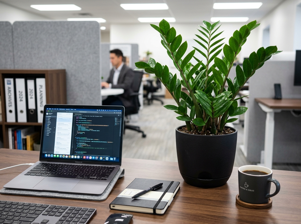 ZZ plant on a modern office desk - best plants for office no windows ZZ plant on a modern office desk - best plants for office no windows
