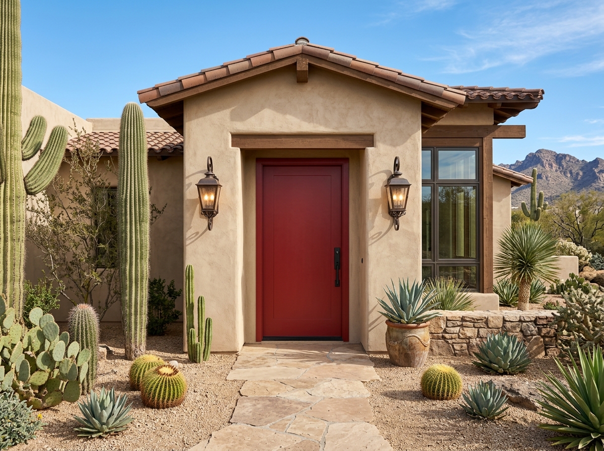 Modern home entryway with a bold front door and warm gas lanterns - Home Exterior