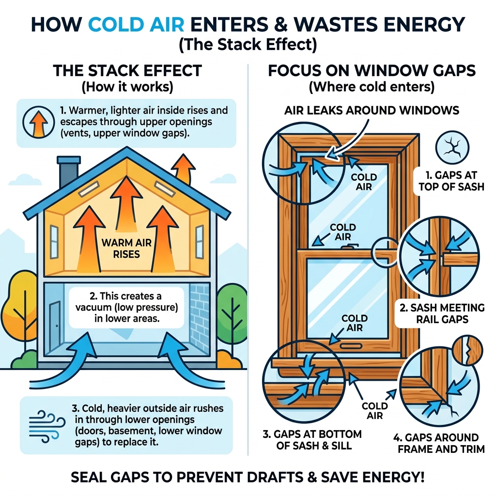 infographic showing the stack effect and how cold air enters through window gaps - prevent window drafts infographic 