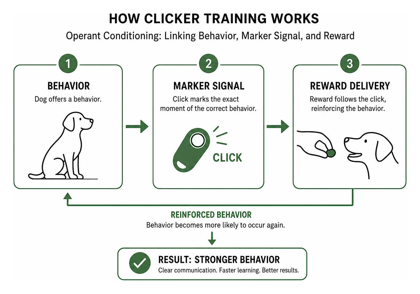 Diagram showing how operant conditioning links behavior, marker signal, and reward delivery Diagram showing how operant conditioning links behavior, marker signal, and reward delivery