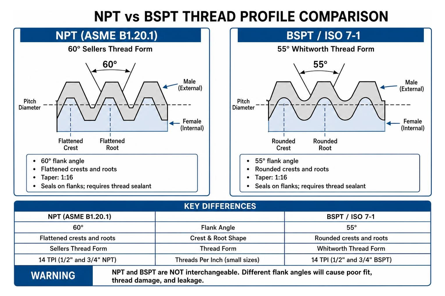Comparison diagram of NPT 60 degree flank angle vs BSPT 55 degree thread profile Comparison diagram of NPT 60 degree flank angle vs BSPT 55 degree thread profile
